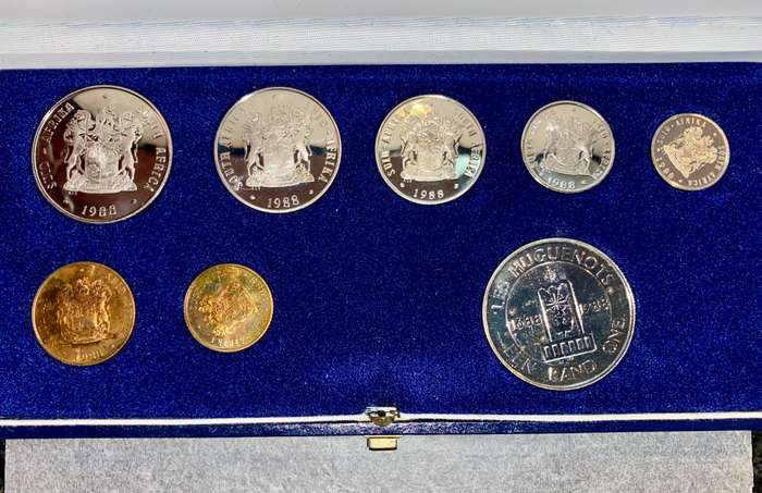 South Africa Proof set silver R1 (Les Huguenots ) TO 1 cent + nickel R1 - 1988 blue SA mint box
