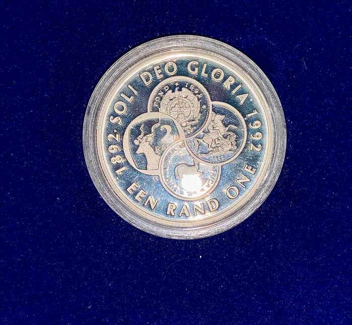 South Africa Proof silver R1 -- Soli Deo Gloria 1992 - blue SA mint box in capsule