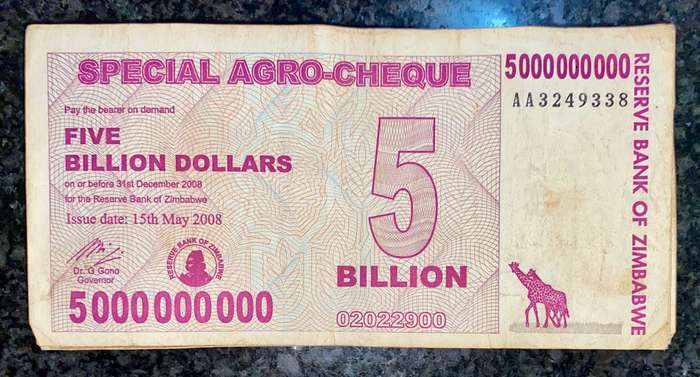 Zimbabwe. 5 billion dollars 2008 ( bid per note ) pack of 100