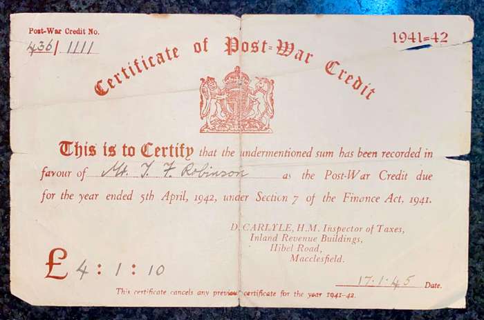 Post War Credit 1941-1942 due 5th April 1942 red print