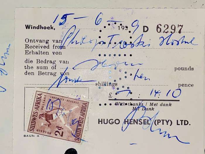 S W A WINDHOEK STANDARD BANK PHILIP TROSKIE HOSTAL 1959 STAMPED STANDARD BANK WITH STAMP