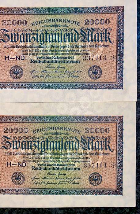 Germany star/replacement notes 20,000 mark in seq 337414-413 * UNC (1 bid takes all)