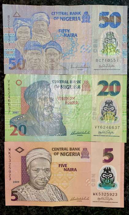 NIGERIA SET 50 NAIRA - 20 NAIRA & 5 NAIRA 2007-2010 POLYMER NOTES (1 BID TAKES ALL)