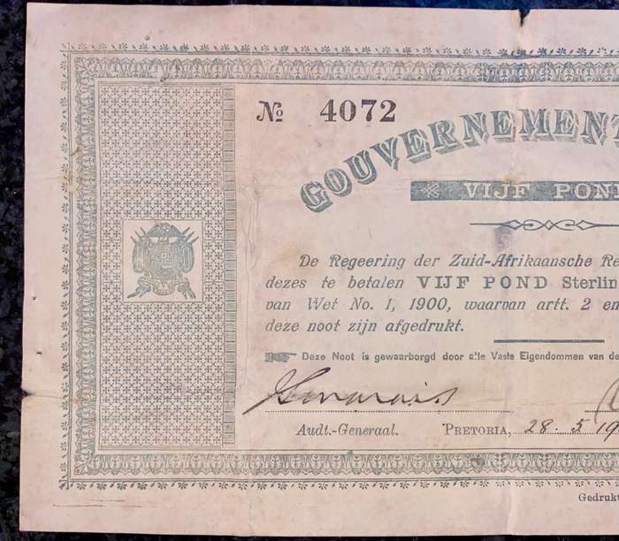 Z.A.R Pretoria 5 pound Government Noot 28-5-1900 -- no 4072 Star Boarder