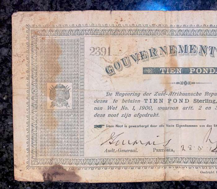 Z.A.R Pretoria 10 pound Government Noot 28-05-1900 - missing NO prefix - 2391 Spade Boarder