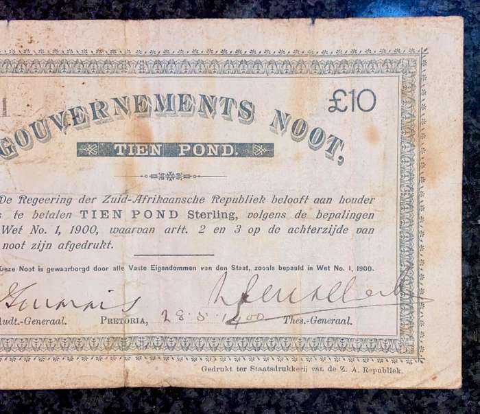 Z.A.R Pretoria 10 pound Government Noot 28-05-1900 - missing NO prefix - 2391 Spade Boarder