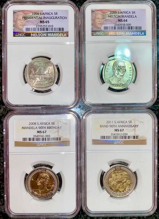 S. AFRICA GRADED COMMEMORATIVE R5 MANDELA MS64 INAUGURATION MS65 & 90TH BIRTHDAY MS67 RAND 90TH MS6