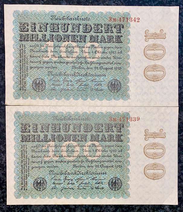 Germany. 100 million mark close sequence 471339 & 471342 AUNC 1923 (1 bid takes all)