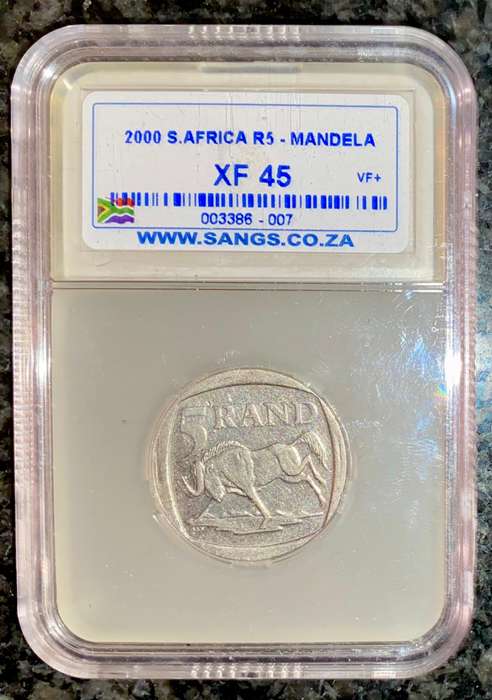 South Africa. Graded commemorative R5  smiling Mandela 2000 SANGS