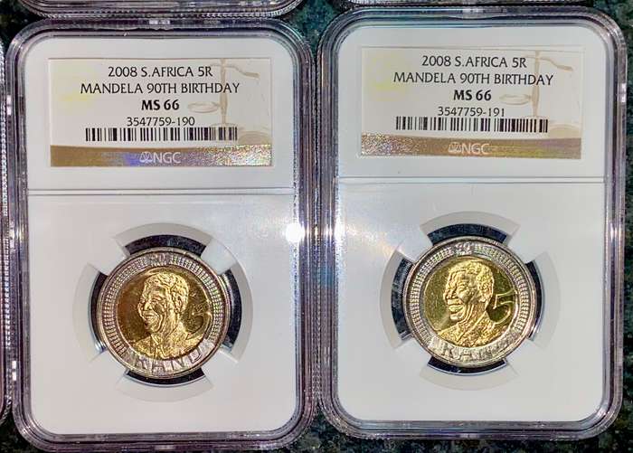 SOUTH AFRICA GRADED COMMEMORATIVE R5 MANDELAS 90TH BIRTHDAY GRADED MS66 ALL IN SEQ NGC