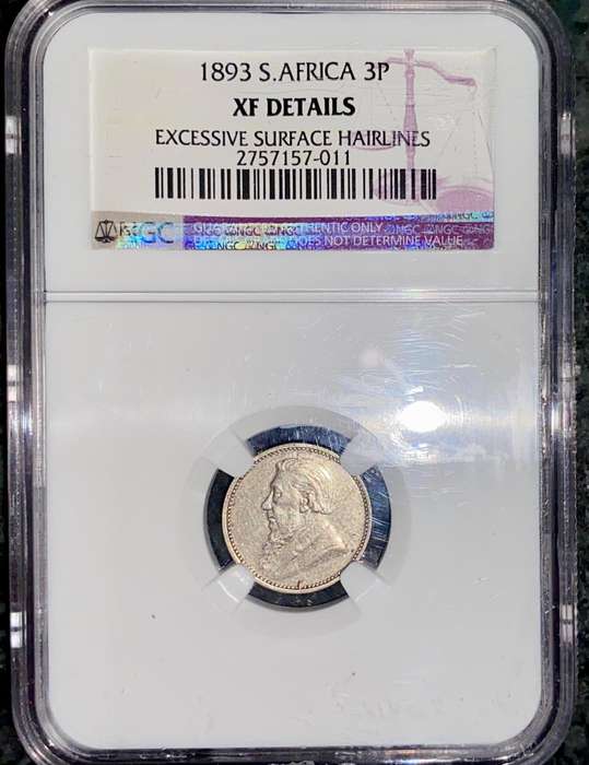 ZAR 1893 Graded Silver 3p Tickey NGC XF details