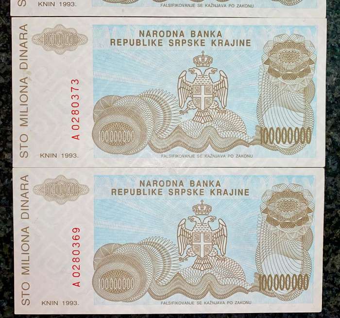 Bosnia 100 Million dinars in sequence A0280371-373 & 369 UNC 1993 (1 bid takes all)