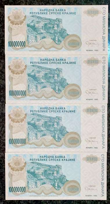 Bosnia 100 Million dinars in sequence A0280371-373 & 369 UNC 1993 (1 bid takes all)