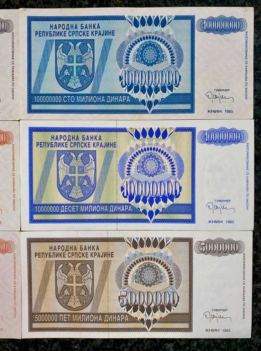 Bosnia Set 10 billion dinars to 5 million dinars 1993 (1 bid takes all)