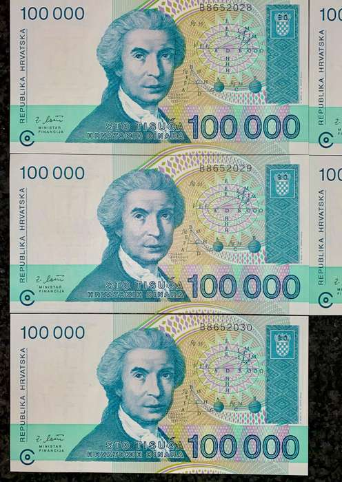 Croatia. 100,000 dinars in sequence B8652032-028 unc 1993 (1 bid takes all)