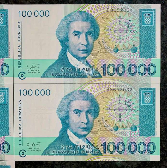 Croatia. 100,000 dinars in sequence B8652032-028 unc 1993 (1 bid takes all)