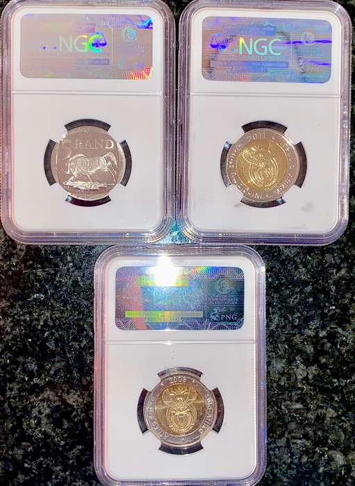 SOUTH AFRICA GRADED SET COMMEMORATIVE R5 - MANDELA PL64 - RAND 90TH MS67 - MANDELA 90TH MS66 NGC