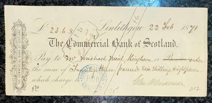 Commercial Bank of Scotland 23 pounds 6 shillings & 8 pence dated 1871