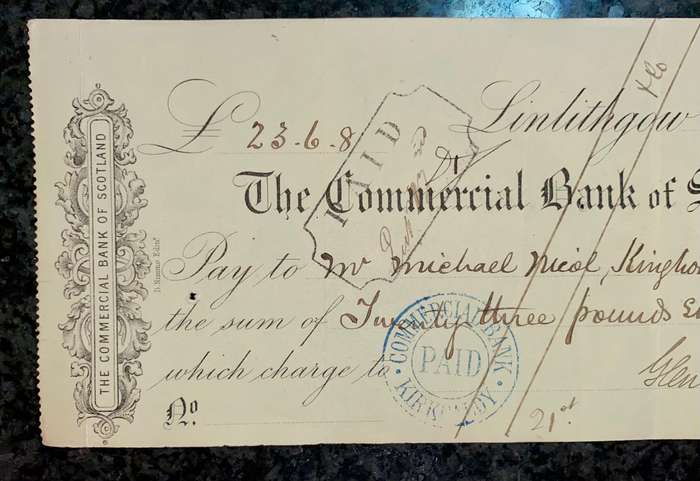 Commercial Bank of Scotland 23 pounds 6 shillings & 8 pence dated 1871