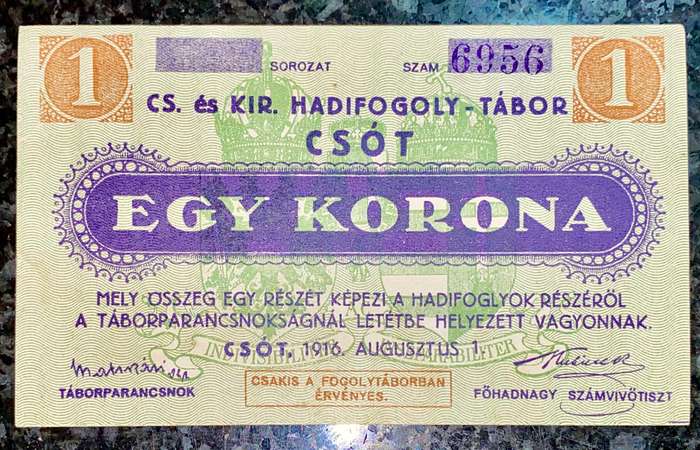HUNGARY 1 KORONA 1916 - HADIFOGOLY CAMP IN CSOT - PRISONER OF WAR POW UNC SCARCE