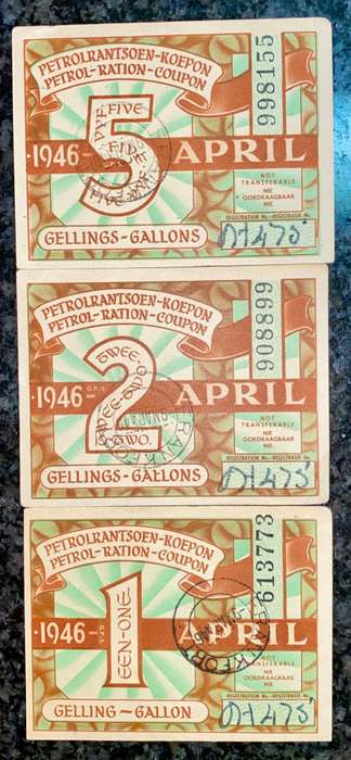 SOUTH AFRICA PETROL RATION COUPONS SET 5 GALLONS - 2 GALLONS & 1 GALLON APRIL 1946 (1 BID TAKES ALL)