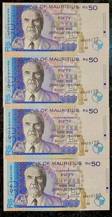 Mauritius 50 rupees in sequence BB959180-177 unc 1999 (bid per note)
