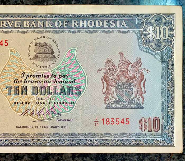 Rhodesia 10 Dollars 1971 -- J11 /183545 wtm CJ Rhodes