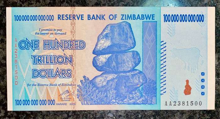 Zimbabwe 100 Trillion dollars 2008 AA Harare unc - 100% Authentic Banknote