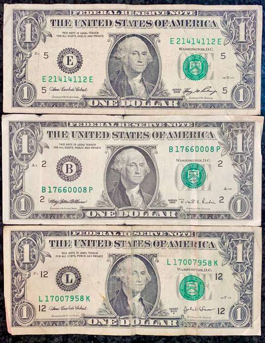 USA 1 dollar set 3 different signatures & Federal Reserve's 1995-2006 (1 bid takes all)