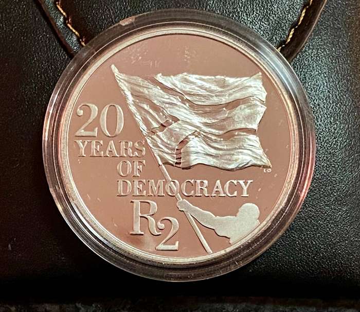 South Africa. Proof Silver R2 - 20 Years of Democracy 2014 - in pouch low mintage 974