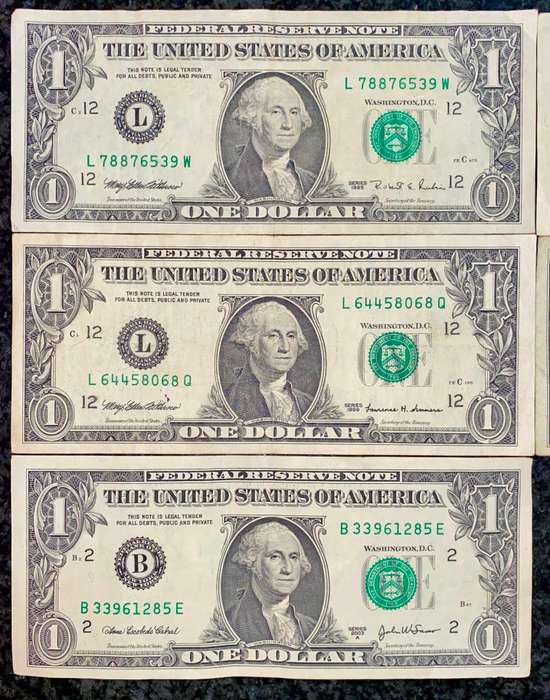 USA 1 dollar set 5 different signatures & Federal Reserve's 1995-2017 (1 bid takes all)