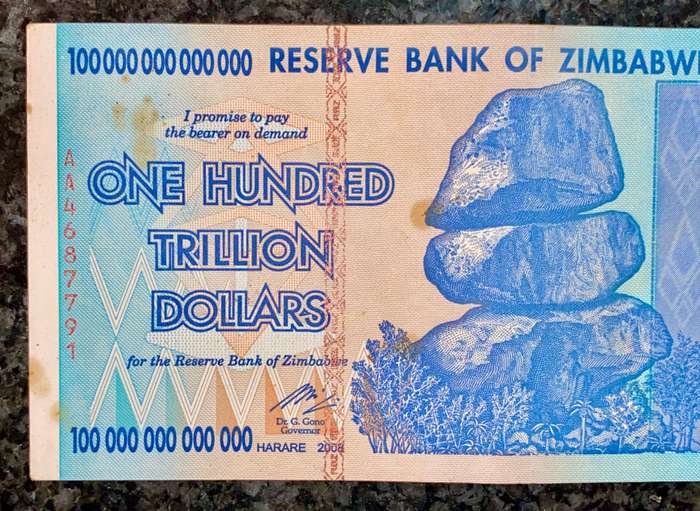 Zimbabwe 100 Trillion dollars 2008 AA Harare - 100% Authentic Banknote