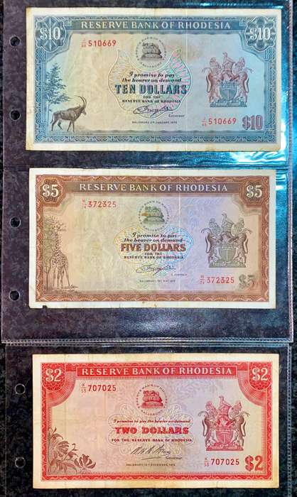 Rhodesia Set 10 dollars - 5 dollars 1979 bird wtm & 2 dollars 1970 CJ Rhodes wtm (1 bid takes all)
