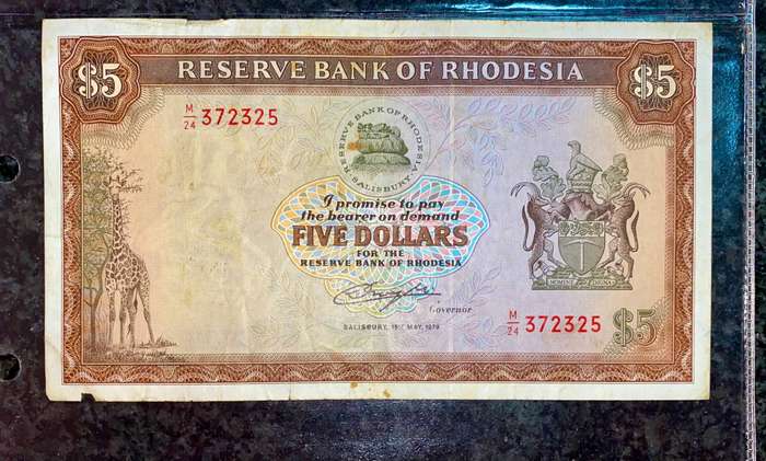 Rhodesia Set 10 dollars - 5 dollars 1979 bird wtm & 2 dollars 1970 CJ Rhodes wtm (1 bid takes all)