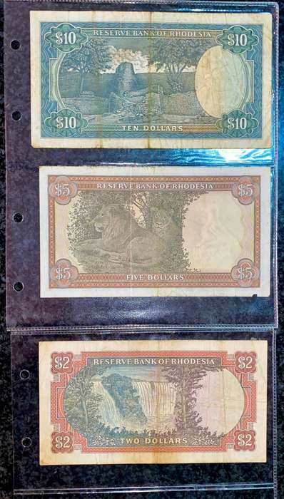 Rhodesia Set 10 dollars - 5 dollars 1979 bird wtm & 2 dollars 1970 CJ Rhodes wtm (1 bid takes all)