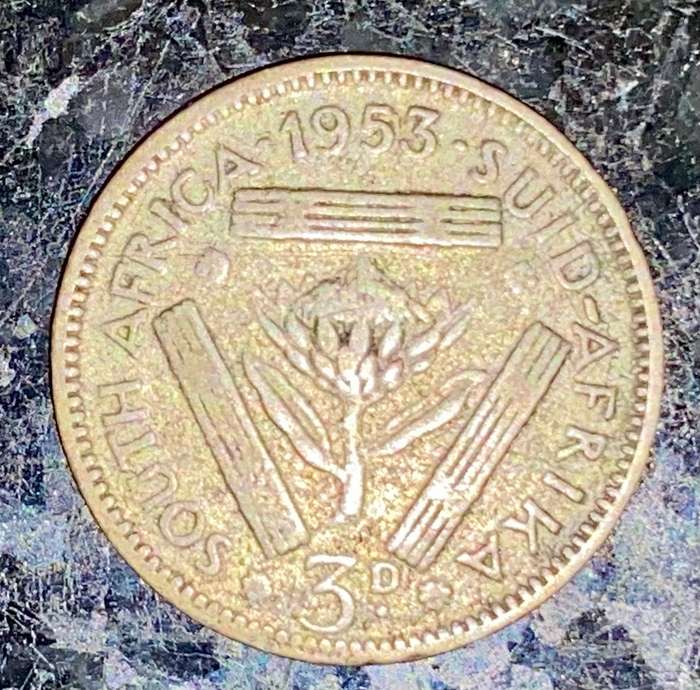 S A UNION SILVER 3D THREEPENCE TICKEY --1953--