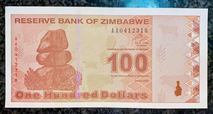 ZIMBABWE AA - 100 DOLLAR 2009  UNC