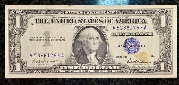 U S A 1 DOLLAR SILVER CERTIFICATE 1957