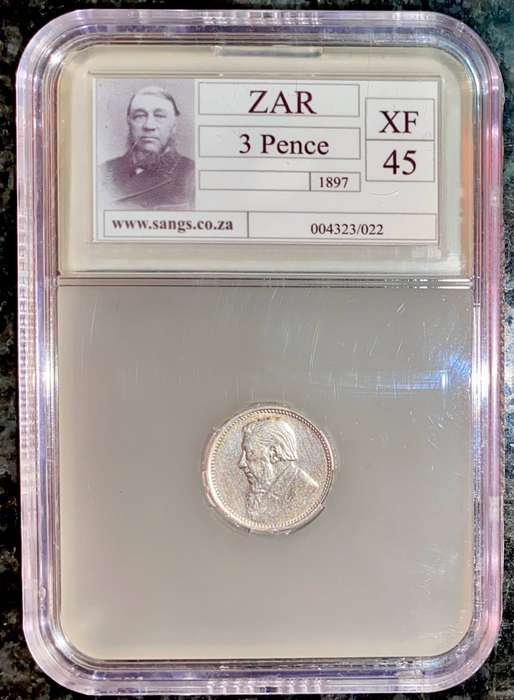 Z.A.R Graded 1897 - Silver 3 pence XF45 Paul Kruger SANGS