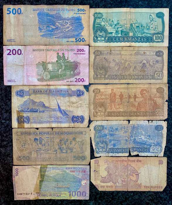 International lot - Mauritius - Angola - Congo + more  (1 bid takes all 10 banknotes)