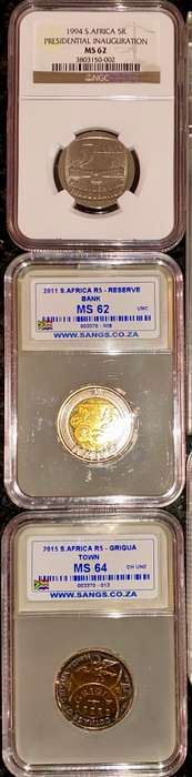 COMPLETE SET COMMEMORATIVE R5 COINS 1994 TO 2021--7 GRADED COIN MS66 -MS62 + PROOF LIKE 2000 MANDELA