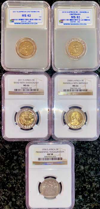 SOUTH AFRICA GRADED SET COMMEMORATIVE R5 - 1994 - 2008 -2011 - 2017 - 2018 (1 BID TAKES ALL)