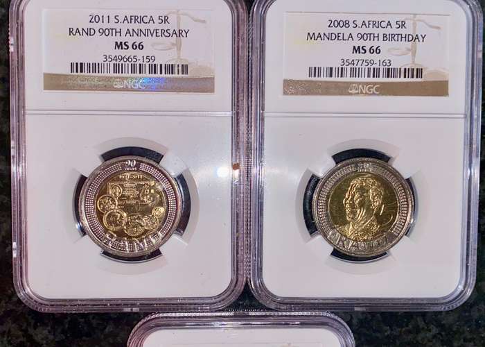 SOUTH AFRICA GRADED SET COMMEMORATIVE R5 - 1994 - 2008 -2011 - 2017 - 2018 (1 BID TAKES ALL)