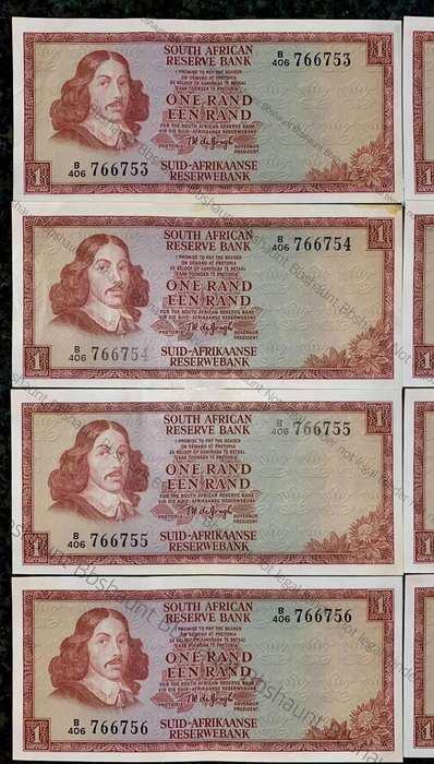 TW De Jongh. R1 in sequence B406 /766753-760 unc-aunc 3rd issue 1975 (1 bid takes all )