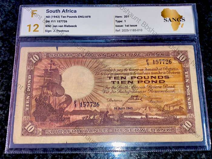 J Postmus Graded 10 pound F1 - 14th April 1943 SANGS graded