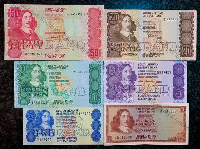 Complete Set GPC De Kock & decimals R50 TO (R2A  unc) 1980s (R1 de Jongh 1973) (1 bid takes all)
