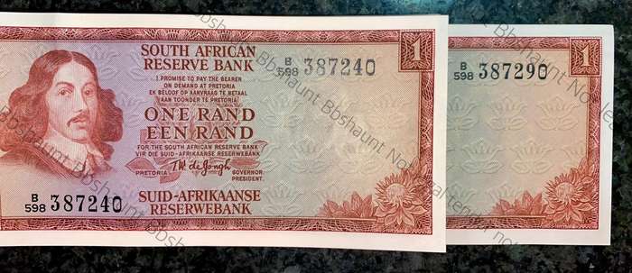 TW De Jongh. R1 in sequence B598 /387240-290 unc-aunc 3rd issue 1975 including a replacement note
