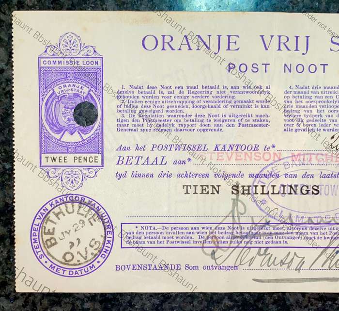 Z.A.R Oranje Vrij Staat 10 shillings with 2 x 1 penny stamps 29th July 1899 A1 /08601 Post Noot
