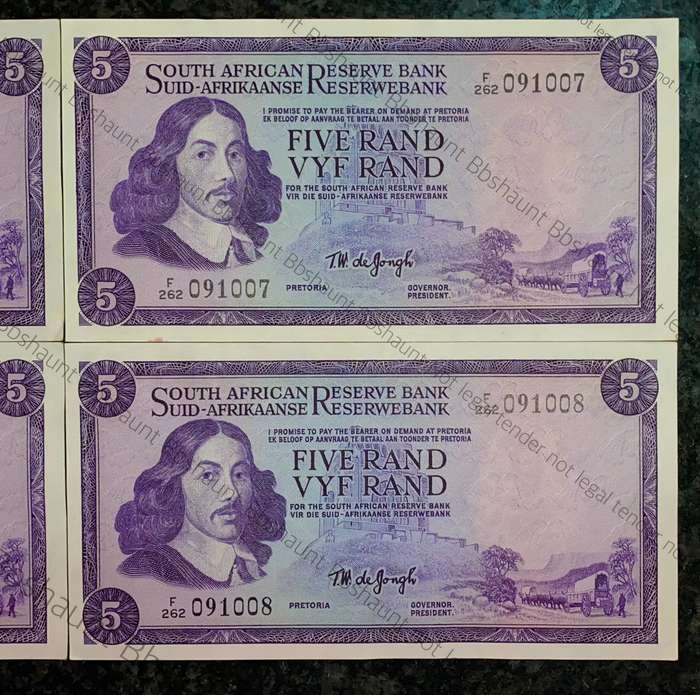 Tw De Jongh. R5 in sequence F262 /091005-008 unc 3rd issue 1975 (1 bid takes all)