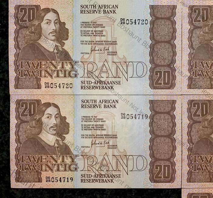 GPC De Kock. R20 in sequence D628 /054716-720 UNC 3rd issue 1984 (1 bid takes all )